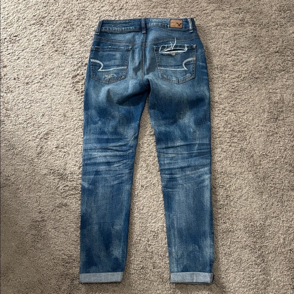 American Eagle Outfitters Dark Blue Distressed Button-Fly Jeans - Picture 4 of 5